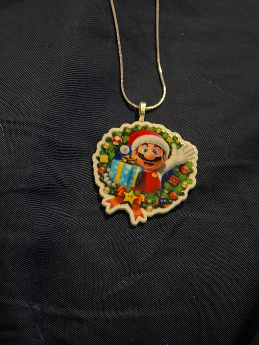 Mario Holiday Wreath Pendant Necklace - White/Red/Green
